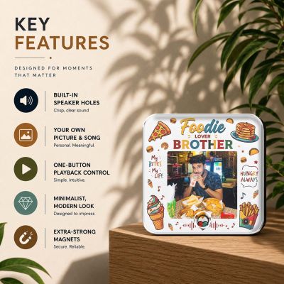 Personalized Foodie Lover Brother Musical Fridge Magnet Modern Gifting Item | Rechargeable Sound Magnet Funny Gift for Bhai Food Lover Bhai Gift for Food Enthusiast